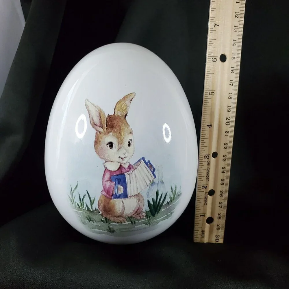 VTG Decorative Ceramic Egg With Easter Bunny Playing Accordion 6.5